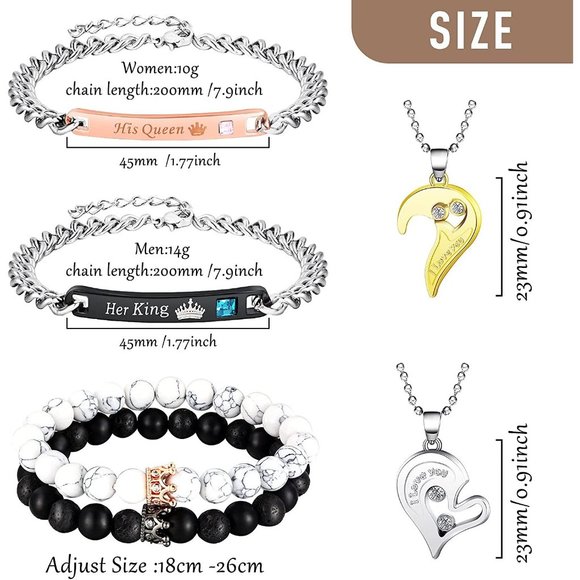 8 Pieces Couples Necklace Bracelet Matching Bracelets Set for Women Men,… - Picture 4 of 8